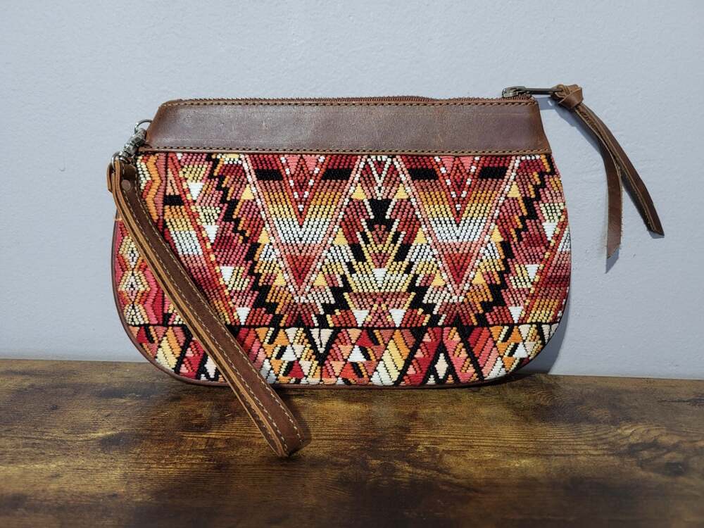 Maya & Mali Handcrafted Guatemalan Huipil Fabric and Leather Wristlet Clutch